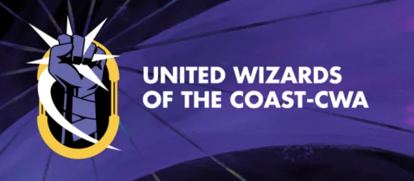 White text "United Wizards of the Coast-CWA" and the UWOTC-CWA logo on a purple and black background